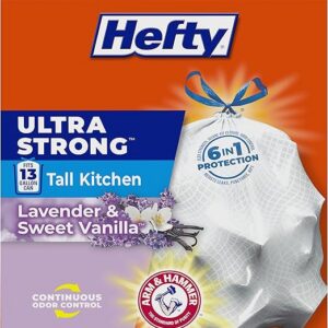 Hefty Ultra Strong 13 Gallon Trash Bags, Tall Kitchen, Drawstring Closure, Odor Control, White, Lavender, Sweet Vanilla, 80 Count
