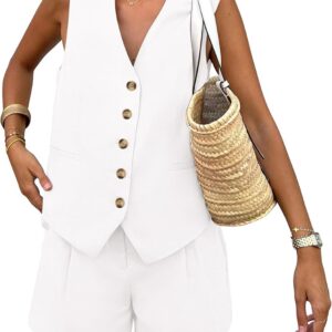 PRETTYGARDEN Women's Summer 2 Piece Outfits Sleeveless Matching Sets Button Down V Neck Vest Waistcoat and Pockets Shorts