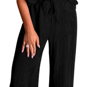 KIRUNDO 2 Piece Sets for Women Dressy Casual Ribbed Knit Short Sleeve Tops Wide Leg Pants Lounge Set Travel Airport Outfits