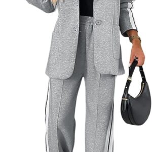 CHICME Womens Two Piece Outfits Striped Side Button Blazer and Pants with Pockets Sets Business Casual Pant Suits Set