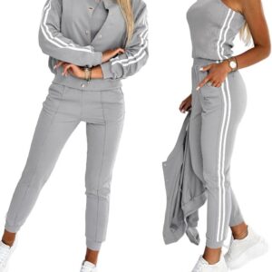 CHICME Women's Three Piece Outfits Striped Tape Patch Tank Tops Bomber Jacket with Sporty Pants Tracksuit Lounge Sets