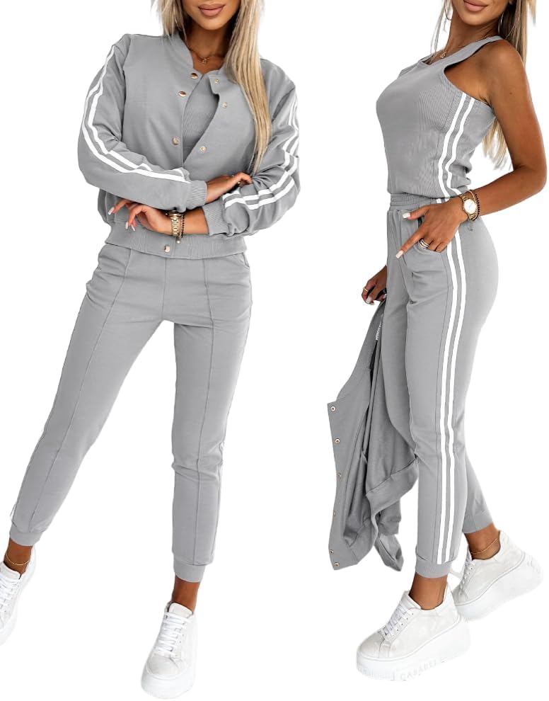 CHICME Women's Three Piece Outfits Striped Tape Patch Tank Tops Bomber Jacket with Sporty Pants Tracksuit Lounge Sets