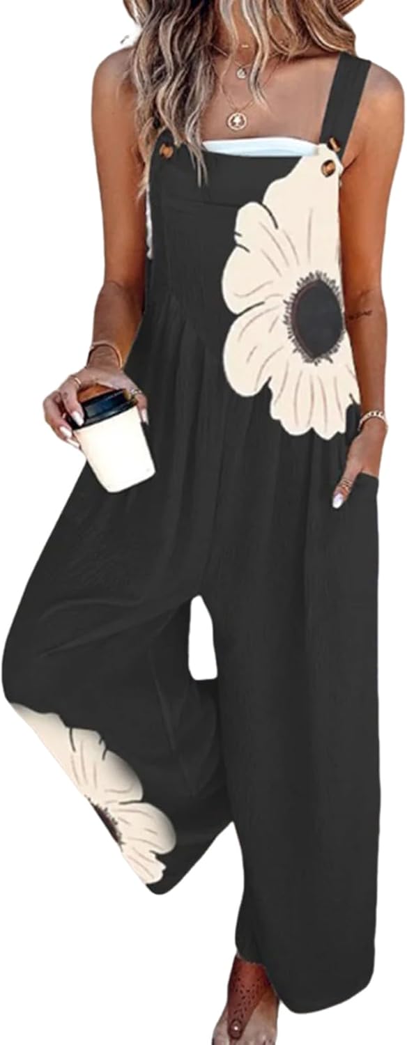 Women's Jumpsuits 2026 Summer Floral Overalls One Piece Outfits Sleeveless Wide Leg Pants Rompers with Pockets
