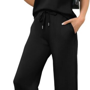 Saloogoe Two Piece Sets for Women Summer Outfits Lounge Sets V Neck Tops Wide Leg Pants Woman Vacation Travel Outfits