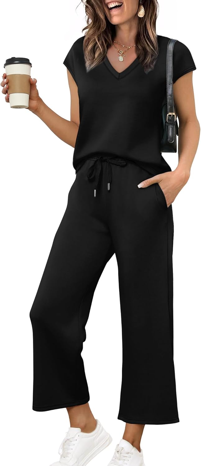 Saloogoe Two Piece Sets for Women Summer Outfits Lounge Sets V Neck Tops Wide Leg Pants Woman Vacation Travel Outfits