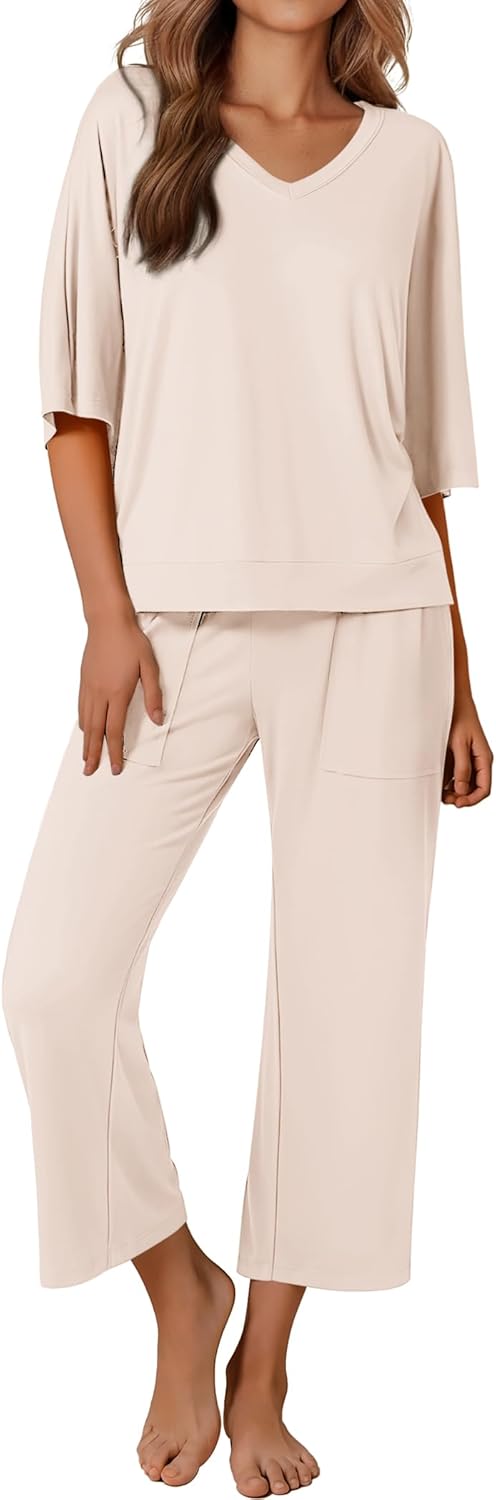 Ekouaer Womens Pajama Sets Lounge Sets for Women Two Piece Outfits Short Sleeve Tops and Wide Leg Pants with Large Pockets