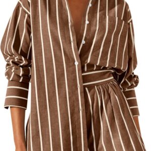 Tankaneo Womens 2 Piece Outfits Striped Long Sleeve Button Down Collared Shirt Matching Shorts Sets