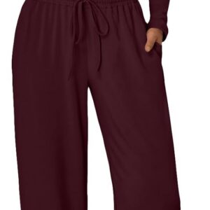 Trendy Queen Women's 2 Piece Matching Lounge Set Long Sleeve Side Ruching Top Wide Leg Drawstring Pants Set with Pockets