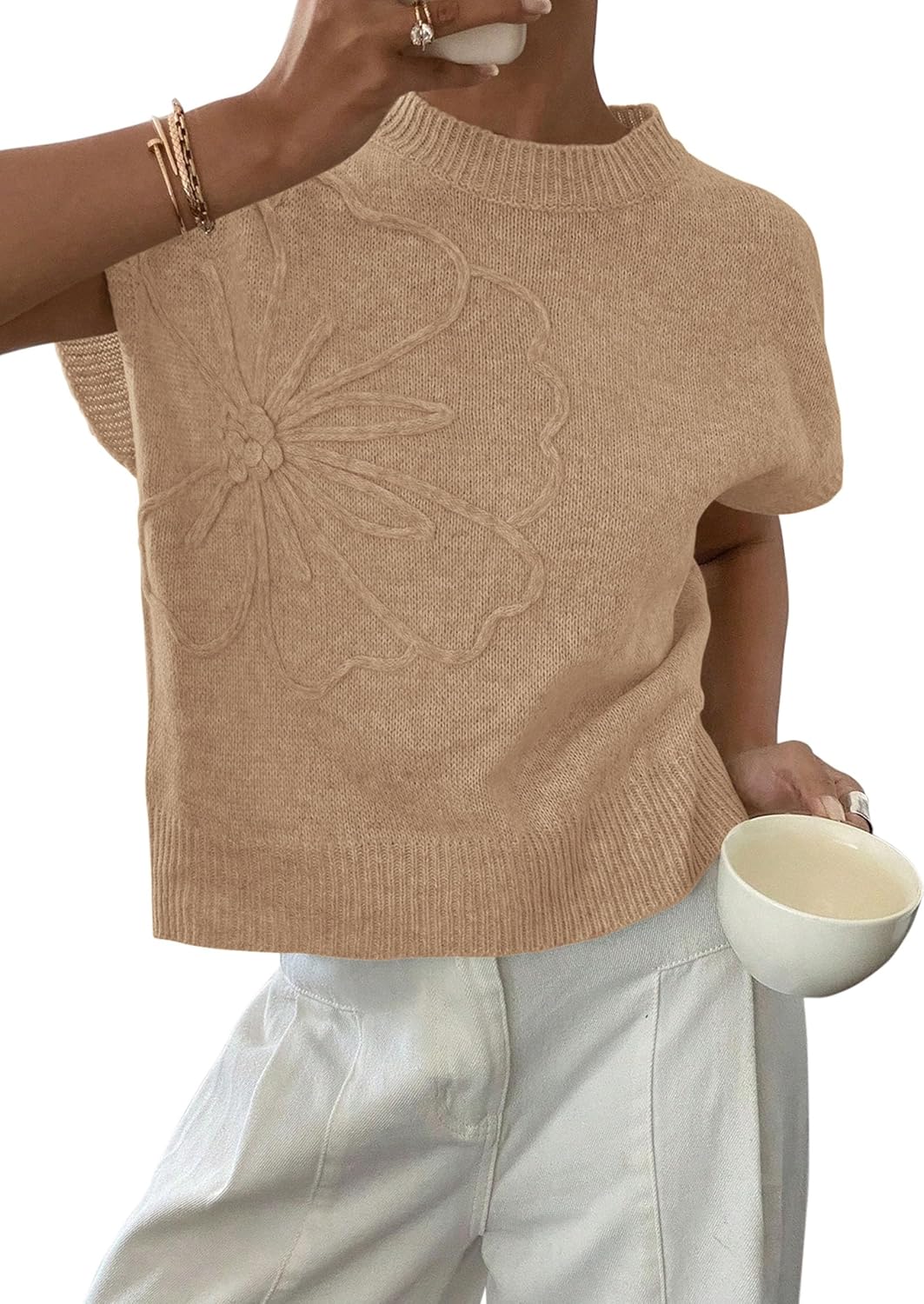 PRETTYGARDEN Women's 2026 Spring Sweater Vest Trendy Flower Knit Short Sleeve Cute Pullover Tank Tops Summer Fashion Clothing