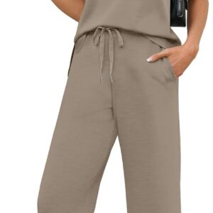 WIHOLL Two Piece Sets for Women Summer Spring Travel Vacation Outfits Short Sleeve Lounge Sets Side Slit Wide Leg Pants S-3XL