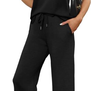 WIHOLL Two Piece Sets for Women Summer Spring Lounge Sets Travel Vacation Outfits Cap Sleeve Side Slit Wide Leg Pants S-3XL