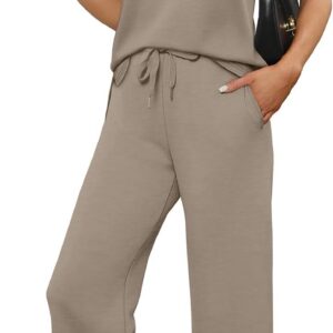WIHOLL Two Piece Sets for Women Summer Spring Lounge Sets Travel Vacation Outfits Cap Sleeve Side Slit Wide Leg Pants S-3XL
