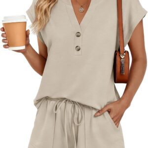 LILLUSORY 2 Piece Summer Set 2026 Henley Top & Drawstring Shorts with Pockets