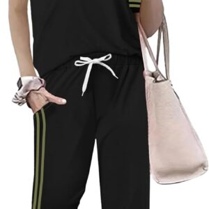 Women 2 Piece Outfits Summer Set Striped Short Sleeve Sweatsuits Crew Neck Pullover Lounge Tracksuit with Pocket
